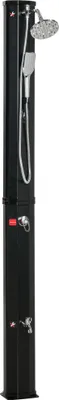 A black outdoor solar shower with a shower head and faucet.