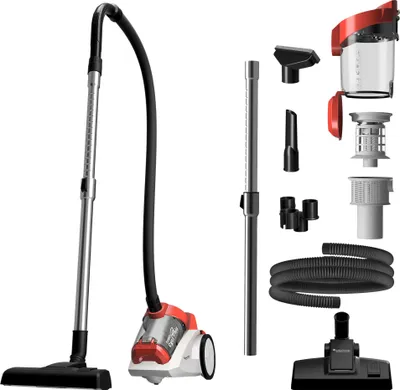 A vacuum cleaner and its accessories are displayed against a white background.