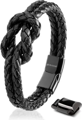 Produktbild von SERASAR | Leder Knotenarmband für Frauen [Knot] | Magnetverschluss aus Edelstahl | Farbe: Schwarz | Länge: 20cm