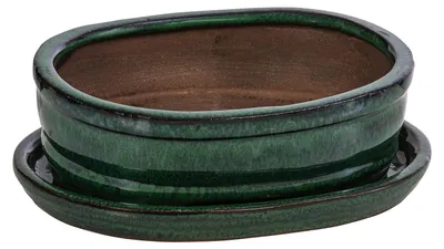 Produktbild von Dehner Bonsaischale, mit Untersetzer, oval, ca. 15 x 4,5 x 12 cm, Keramik, dunkelgrün