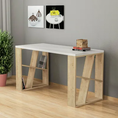 Produktbild von Schreibtisch Dmigliol, Mehrzweckschreibtisch, Bürotisch für PC, Eckschreibtisch, 140x60h75 cm, Weiß und Eiche