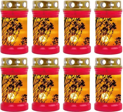 Immagine prodotto di Candela tombale rossa confezione da 8, durata di combustione: 40 ore (per candela), motivo: tramonto
