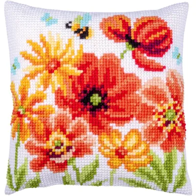Produktbild von Vervaco Kreuzstichkissen "Mohnblumen und Wildblumen", Stickbild vorgezeichnet, 40x40cm