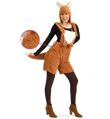 Produktbild von Latzhose Fuchs inkl. Mütze Kostüm Waldtier aus Teddyplüsch kurze Hose mit Fuchsschwanz für Theater, Mottoparty u.v.m. (M)
