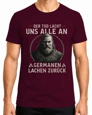 Immagine prodotto di Maglietta con scritta "Vikinger": "La morte ci sorride a tutti", frase divertente, "Valhalla", colore bordeaux, taglia S