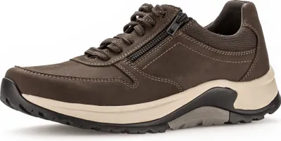 A single brown men's shoe is shown from the side against a white background.