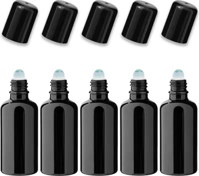 Produktbild von 5x Glasflasche schwarz 50 ml Roll-on mit schwarzem Verschluss Set leer