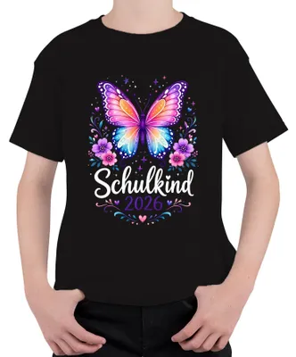 Produktbild von Schulkind 2026 Mädchen Einschulung Schmetterling Erstklässler Kinder T-Shirt, Schwarz, 128