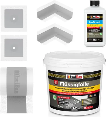 Produktbild von Isolbau Dicht-Set - Inkl. 1x Flüssigfolie (5,5 kg), 1x Grundierlösung (1 L), 1x Dichtband (5 m), 2x Innenecken & 2x Manschetten