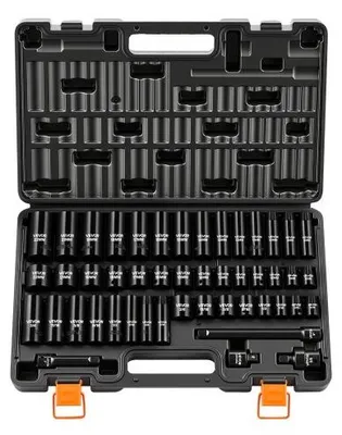 Image de VEVOR Jeu de Douilles à Choc 3/8", 48 PCS, Douilles à 6 Pans en Acier Allié Cr-V, Métriques 8-19 mm, 21-22 mm, SAE 5/16"-3/4", avec Rallonge, Adaptateur et Mallette de Rangement, pour Véhicules