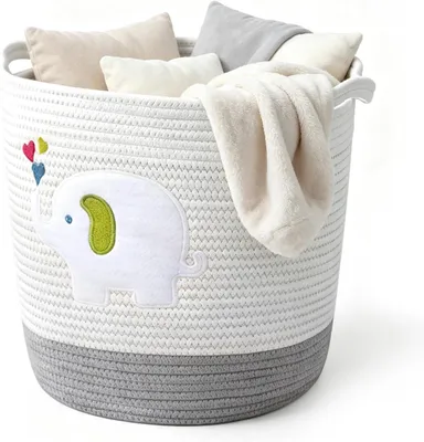 Imagen del producto de Cesta de almacenamiento de cuerda de algodón, 35 x 30 x 34 cm, con decoración de elefantes, para habitaciones infantiles