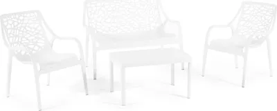 Immagine prodotto di Set da giardino composto da panca a due posti, 2 poltrone e tavolo in resina rinforzata con fibra di vetro – design moderno, robusto e resistente all'acqua, ideale per giardino, terrazza e veranda – MARATEA – Bianco