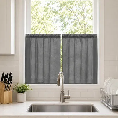 Immagine prodotto di Set da 2 tende a pannello effetto lino, semitrasparenti, tende da bistrot corte, tende in voile, tende da cucina, L85xA61 cm, grigio scuro