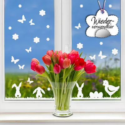 Produktbild von Fensterbilder Frühling - Selbstklebend mit Hasen Henne und Schmetterlingen - Dekoration für Fenster - Weiß wiederverwendbar