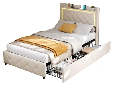 Image de Lit coffre - Lit simple 90x200 cm - Lit avec tiroirs - Lit avec espace de rangement - Éclairage LED - Port USB - Sommier à lattes - Velours