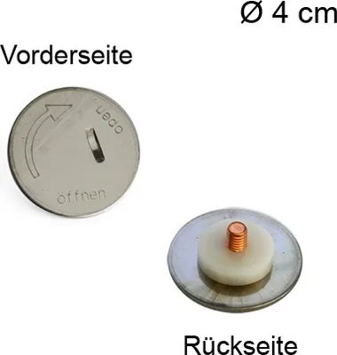 Two views of a metal disc with a screw mechanism, labeled 'Vorderseite' (front) and 'Rückseite' (back), with a diameter measurement.