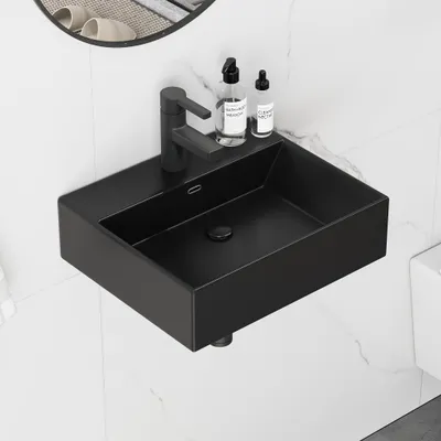 Productafbeelding van HOROW Matzwarte hangende wastafel, keramische opzetwastafel, hangwastafel met pop-up afvoer