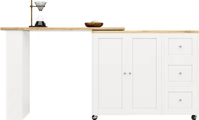 Produktbild von Bartisch mit drei Schubladen Snackhalter 360° Drehbarer Bistrotisch Stehtisch Kücheninsel Hochtisch Küchentisch 138-209 x 39 x 106 cm Weiß