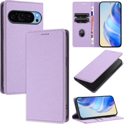 Image de Étui en cuir pour Google Pixel 10 Pro XL, Litschi cuir, étui portefeuille avec fentes pour cartes et support Violet