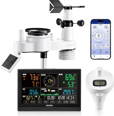 A VEVOR weather station with its components and a smartphone displaying weather data.