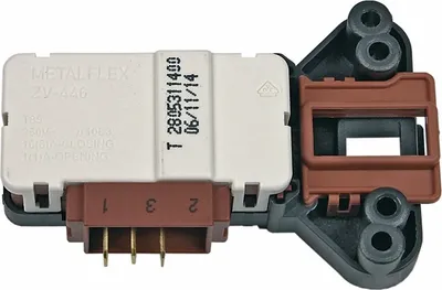A close-up studio shot of a washing machine door lock mechanism.