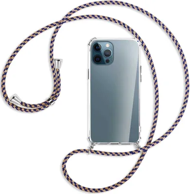 Produktbild von Handykette Backcover-Schutzhülle mit Band (Metall silberfarben) für Apple iPhone 12 Pro Max - blau+beige