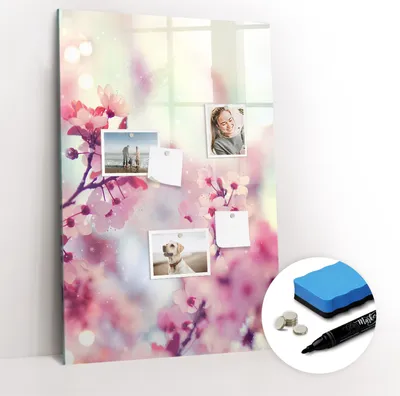 Produktbild von Magnetische Wandtafel - Schwarzer Marker + Schwamm + Magnete - 60 x 90 cm - Frühlingsblumen