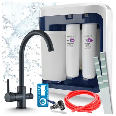 Produktbild von Ari 3-Wege-Küchenarmatur Linko, Schwarz Matt, Spültischarmatur Im Set Mit Aquaphor Ro-202S Pro Wasserfiltersystem, Untertischanlage