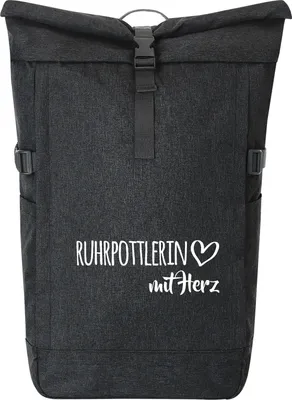 Produktbild von Huuraa Kurierrucksack Ruhrpottlerin mit Herz 30-44 Liter Black Melange Fairtrade Rolltop Rucksack Geschenkidee
