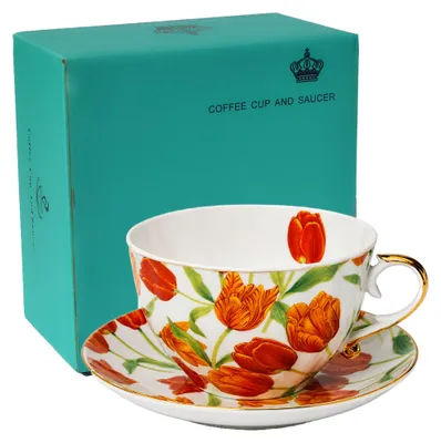 Productafbeelding van CUP 250ml Bloemen Tulpen Goud Rand Dun Porselein YAMASEN Goud