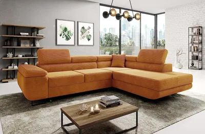 Produktbild von Avatar Kord Ecksofa in L-Form 277 x 73 x 203 cm mit Schlaffunktion und Bettzeugbehälter - Schlafsofa mit Bettkasten - Eckcouch mit Stauraum - Rechts - Farbe: Kord Senf