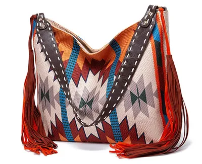 Image de Grand sac bandoulière bohème pour femmes, avec motif multicolore