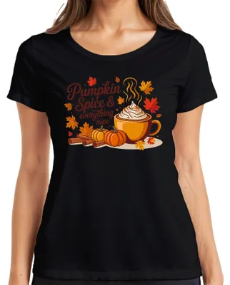 Imagen del producto de Camiseta para mujer, color , talla XL, con diseño de "Pumpkin Spice Latte": calabaza, canela, otoño, café, ambiente acogedor, hojas