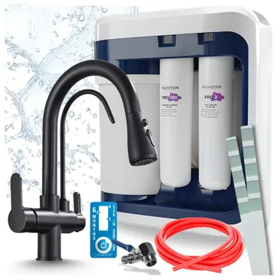 Produktbild von Ari 3-Wege-Küchenarmatur Nordic, Schwarz Matt, Ausziehbare Spültischarmatur Im Set Mit Aquaphor Ro-202S Pro Wasserfiltersystem