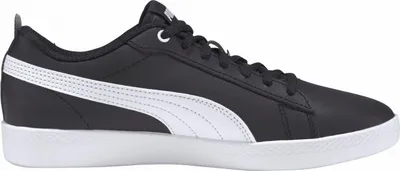 A side view of a black Puma Smash V2 L sneaker with white accents.
