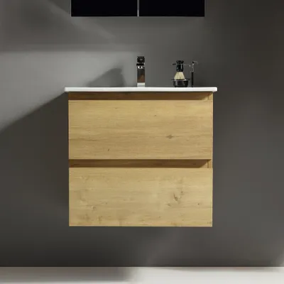 Produktbild von Alpenberger Waschbecken mit Unterschrank 60 cm Breit Eiche Natur | Aufsatzwaschbecken Waschbeckenunterschrank Waschplätze | Waschtisch Gäste WC Möbel Set | Waschtischunterschrank Hängend