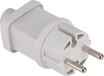 A white electrical adapter with two metal prongs.
