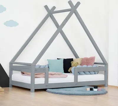 Produktbild von Kinderhausbett TAHUKA in Tipi-Form mit Sicherheitsbarriere 90x190 cm Dunkelgrau