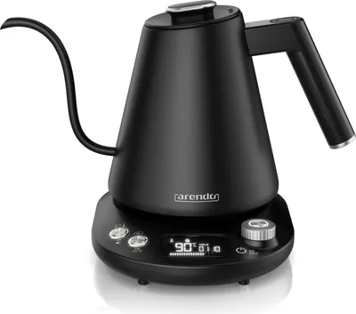 A black electric gooseneck kettle with a digital display and temperature control buttons on its base, set against a white background.