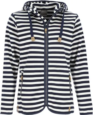 Produktbild von modAS Damen Fleecejacke mit Blockstreifen - Gestreifte Jacke mit Kapuze und maritimen Details in Blau-Weiß Größe 46