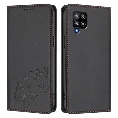 Image de Étui en cuir pour Samsung Galaxy A42 5G, motif papillon en relief, étui portefeuille à rabat avec support, noir