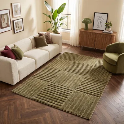 Produktbild von Tapiso Kurzflorteppich RELIEVO 3D gestreift oliv Wohnzimmer 200 x 300 cm