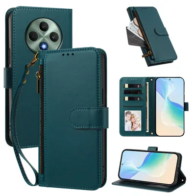 Produktbild von Geldbörse Hülle für Oppo Reno12 F 5G/Reno12 F 4G, Kunstleder Handyhülle mit Kartenfächer, Ständer, Handschlaufe Grün