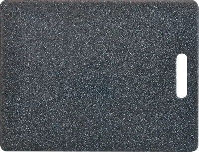 A dark gray speckled cutting board with a white handle cutout on a white background.