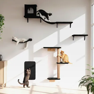 Produktbild von Kletterwand Katzen, 5-in-1 Katzen Kletterwand Set, Stabiler Katzenmöbel für den Innenbereich mit Hängematte Katze, Katzenhaus, Katzenbrücke, Sisal Kratzsäulen, Kratzmatte bis zu 13.6 kg
