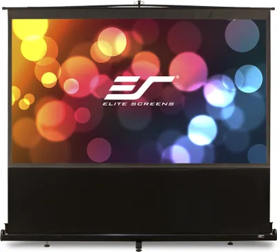 A projection screen with a colorful bokeh background and the Elite Screens logo.