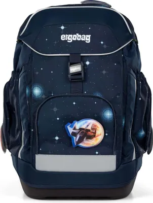 A front view of a dark blue backpack with a space-themed pattern.