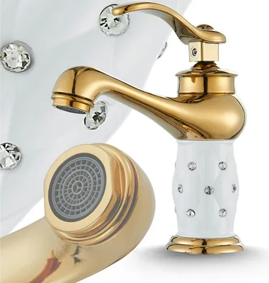 Immagine prodotto di Rubinetto lavabo bagno Ari Aristo monocomando, cartuccia in Vetroceramica, aeratore integrato, ottone, oro e bianco, stile glamour