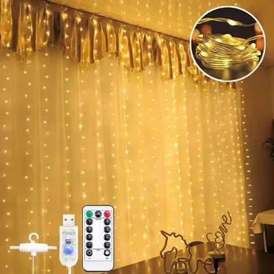 Produktbild von Lichtervorhang 3x3M 300LEDs, IP68 Wasserdicht Lichterkette USB - Warmweiß