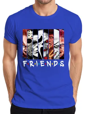 Productafbeelding van FRIENDS Horror Iconen: Jason, Michael, Pennywise, Freddy, Chucky. Cult Heren T-shirt, blauw, maat 3XL